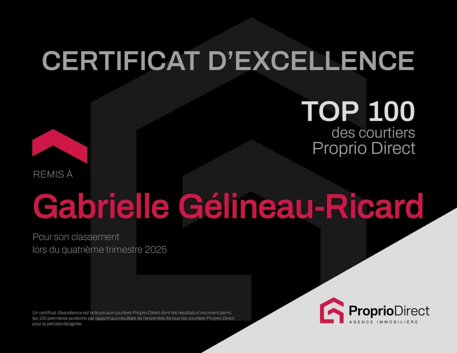 Certificat Proprio Direct Top 100 de Gabrielle Gélineau-Ricard, quatrième trimestre 2025