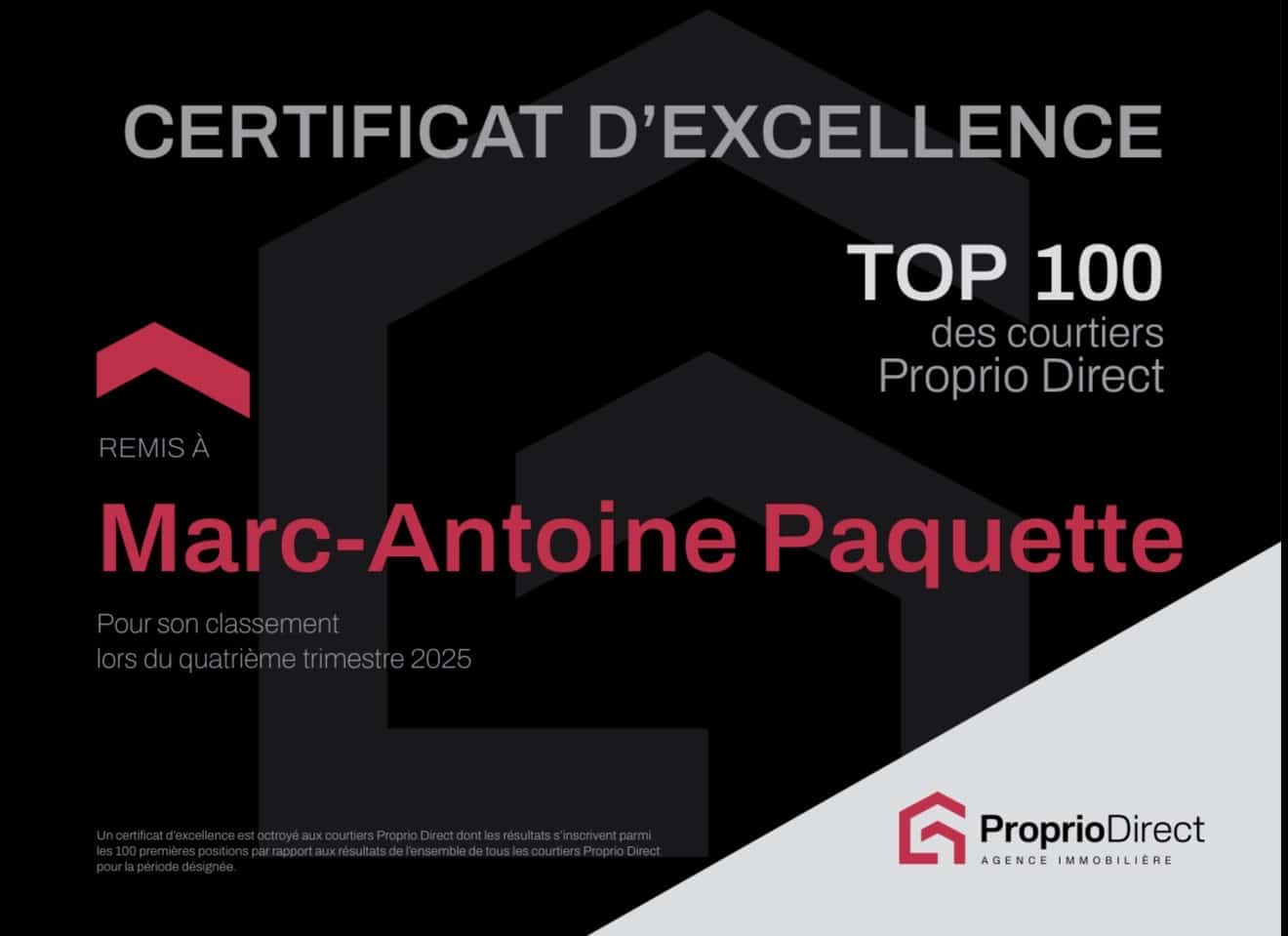 Certificat Proprio Direct Top 100 de Marc-Antoine Paquette, quatrième trimestre 2025